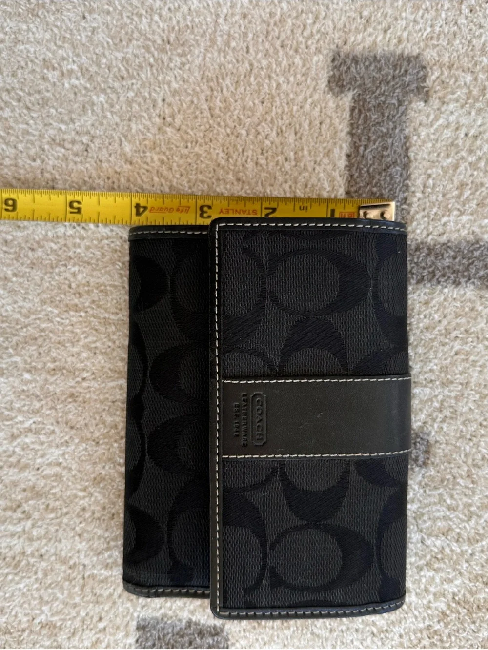 Coach Black Signature Canvas Trifold Wallet with Leather Trim